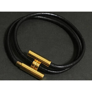 Hermes Tournis Tresse Bracelet Black Leather Gold Plated H Hardware